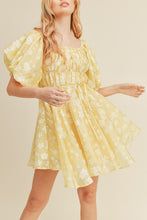 Lemon Floral Bubble Sleeve Flared Mini Dress