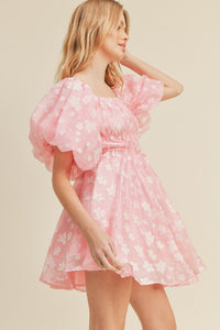 Cool Pink Floral Floral Bubble Sleeve Flared Mini Dress