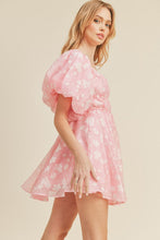 Cool Pink Floral Floral Bubble Sleeve Flared Mini Dress