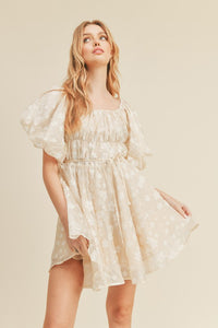Ivory Floral Bubble Sleeve Flared Mini Dress