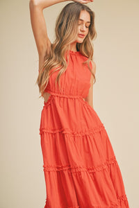 Red Orange Ruffle Tiered Cut-Out Midi Dress