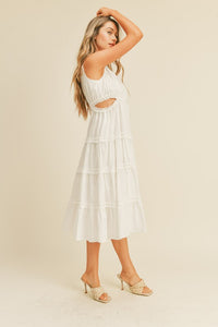 White Ruffle Tiered Cut-Out Midi Dress