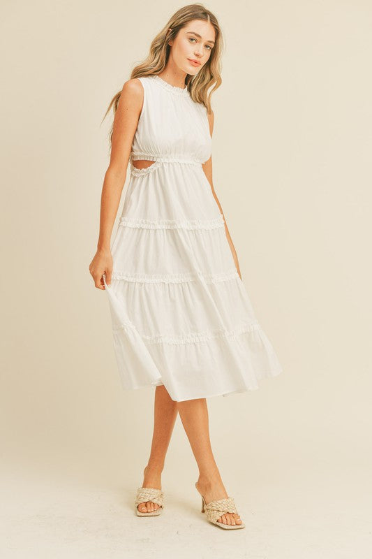 White Ruffle Tiered Cut-Out Midi Dress