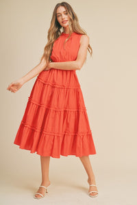 Red Orange Ruffle Tiered Cut-Out Midi Dress