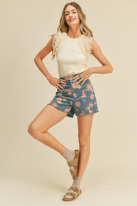 Dark Denim Floral High Waist Floral Denim Shorts