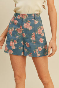 Dark Denim Floral High Waist Floral Denim Shorts