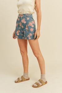 Dark Denim Floral High Waist Floral Denim Shorts