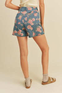 Dark Denim Floral High Waist Floral Denim Shorts