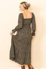 Midnight Tiny Leopard Square Neck Smocking Maxi Dress