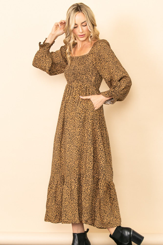 Camel Tiny Leopard Square Neck Smocking Maxi Dress