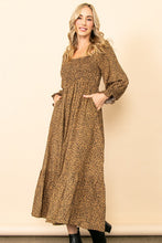 Camel Tiny Leopard Square Neck Smocking Maxi Dress