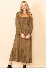 Camel Tiny Leopard Square Neck Smocking Maxi Dress