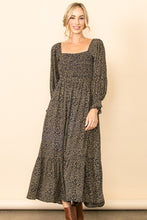 Midnight Tiny Leopard Square Neck Smocking Maxi Dress