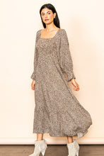 Mocha Tiny Leopard Square Neck Smocking Maxi Dress