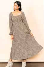 Mocha Tiny Leopard Square Neck Smocking Maxi Dress