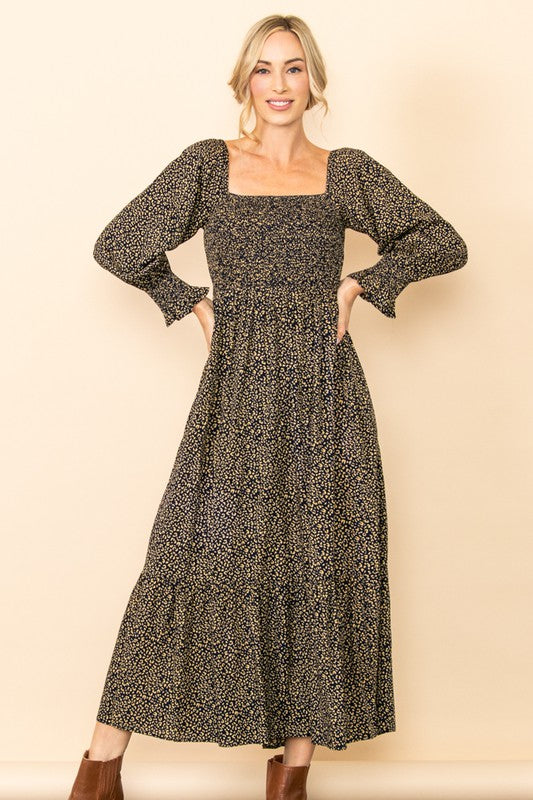 Midnight Tiny Leopard Square Neck Smocking Maxi Dress
