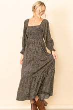 Midnight Tiny Leopard Square Neck Smocking Maxi Dress