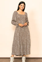 Mocha Tiny Leopard Square Neck Smocking Maxi Dress
