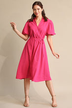 Hot Pink Textured Woven and Elastic Waist Midi Dress