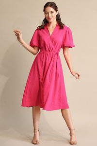 Hot Pink Textured Woven and Elastic Waist Midi Dress