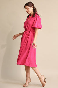Hot Pink Textured Woven and Elastic Waist Midi Dress