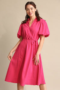 Hot Pink Textured Woven and Elastic Waist Midi Dress