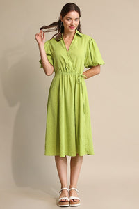 Apple Green Textured Woven and Elastic Waist Midi Dress