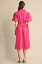 Hot Pink Textured Woven and Elastic Waist Midi Dress