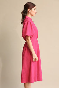 Hot Pink Textured Woven and Elastic Waist Midi Dress