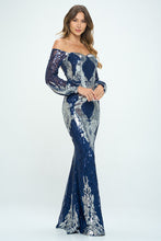 Navy Off The Shoulder Long Sleeves Sequin Maxi Dress