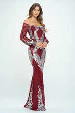 Burgundy Off The Shoulder Long Sleeves Sequin Maxi Dress