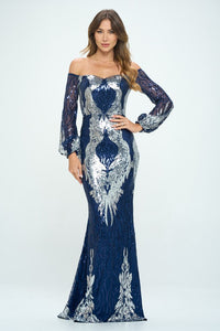 Navy Off The Shoulder Long Sleeves Sequin Maxi Dress