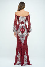 Burgundy Off The Shoulder Long Sleeves Sequin Maxi Dress