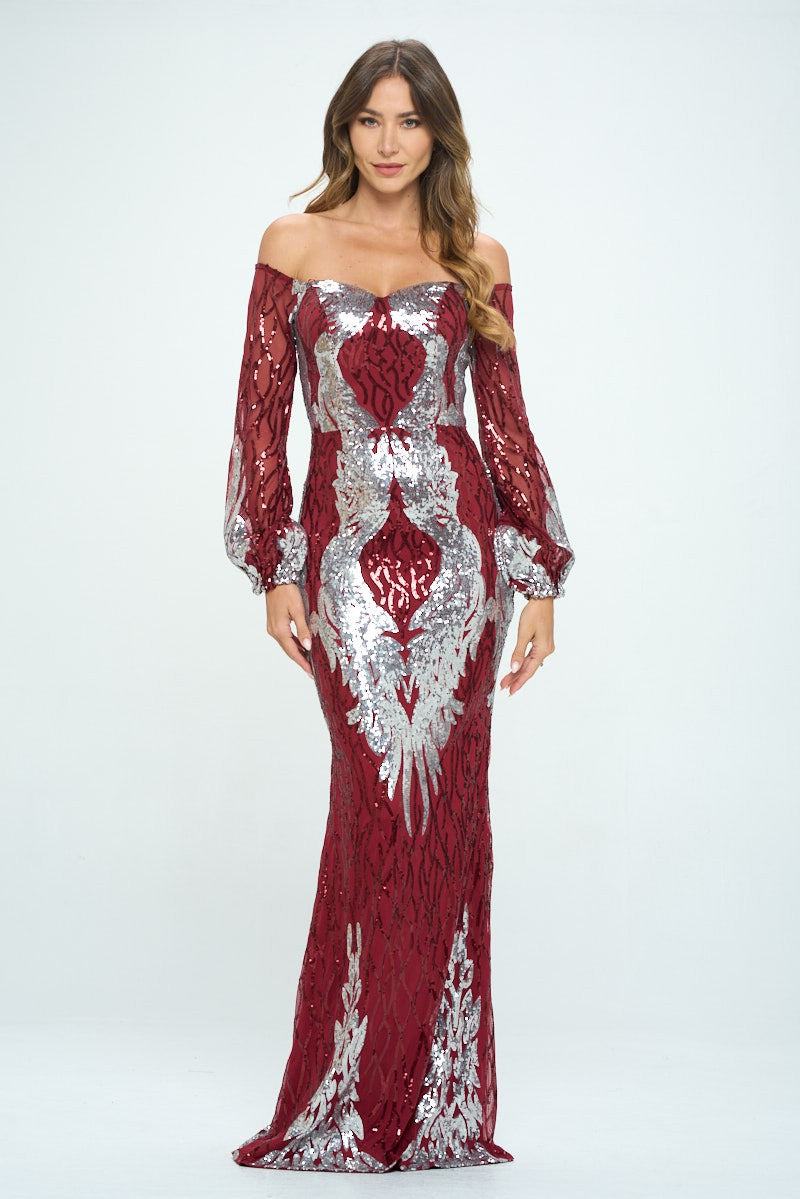 Burgundy Off The Shoulder Long Sleeves Sequin Maxi Dress