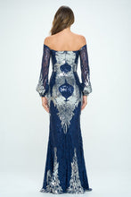 Navy Off The Shoulder Long Sleeves Sequin Maxi Dress