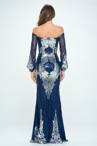 Navy Off The Shoulder Long Sleeves Sequin Maxi Dress
