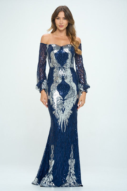 Navy Off The Shoulder Long Sleeves Sequin Maxi Dress