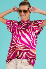 Fuchsia Multi Tiered Ruffle Neck Zebra Pattern Top