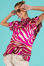 Fuchsia Multi Tiered Ruffle Neck Zebra Pattern Top