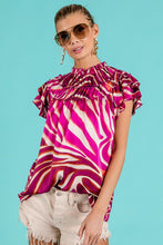 Fuchsia Multi Tiered Ruffle Neck Zebra Pattern Top