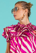 Fuchsia Multi Tiered Ruffle Neck Zebra Pattern Top