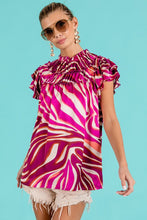 Fuchsia Multi Tiered Ruffle Neck Zebra Pattern Top