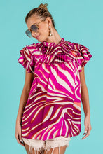 Fuchsia Multi Tiered Ruffle Neck Zebra Pattern Top