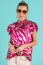 Fuchsia Multi Tiered Ruffle Neck Zebra Pattern Top