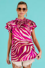Fuchsia Multi Tiered Ruffle Neck Zebra Pattern Top