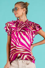 Fuchsia Multi Tiered Ruffle Neck Zebra Pattern Top