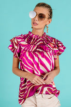 Fuchsia Multi Tiered Ruffle Neck Zebra Pattern Top