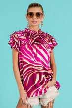 Fuchsia Multi Tiered Ruffle Neck Zebra Pattern Top