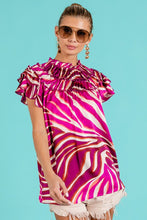 Fuchsia Multi Tiered Ruffle Neck Zebra Pattern Top