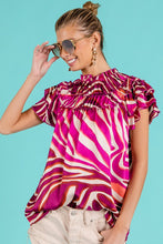 Fuchsia Multi Tiered Ruffle Neck Zebra Pattern Top